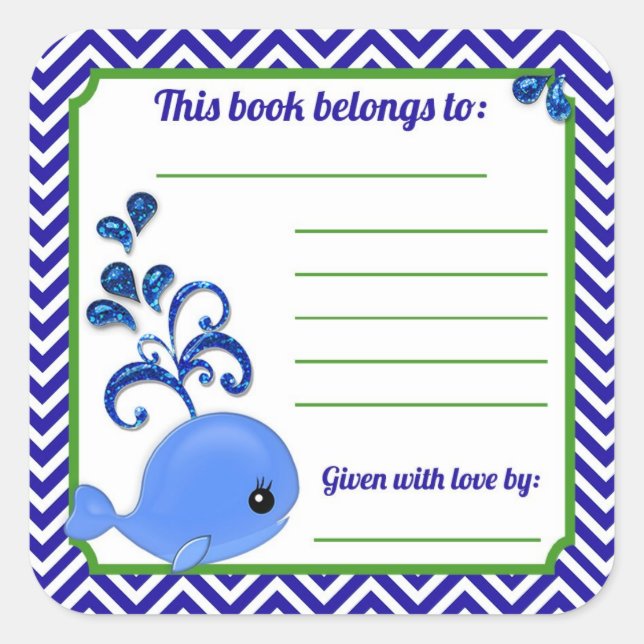 Blue Whale Baby Baby Shower Book Plate Stickers Sq (Front)