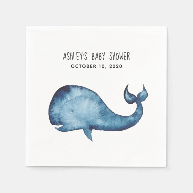 Blue whale baby shower. Baby boy. Navy watercolor Napkin (Front)
