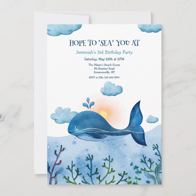 Blue Whale Birthday Party Invitation (Front)