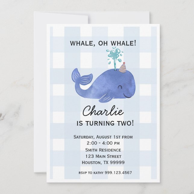 Blue Whale Birthday Party Invitation, Customisable Invitation (Front)