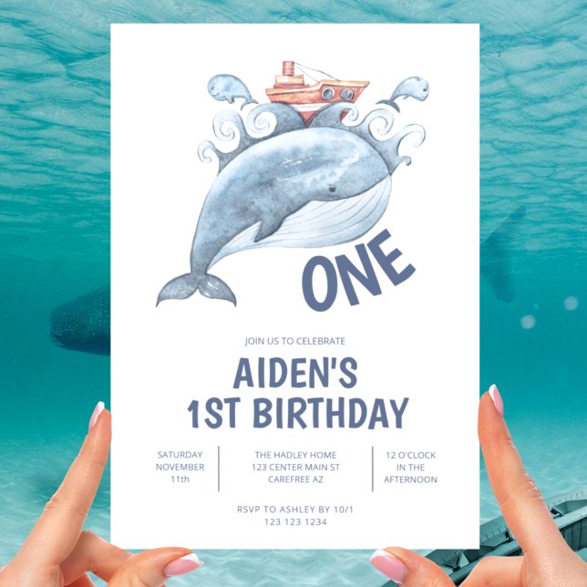 Blue Whale Boy 1st Birthday Invitation (Creator Uploaded)