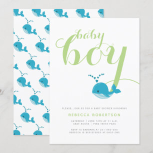 Blue whale green typography baby boy shower invitation