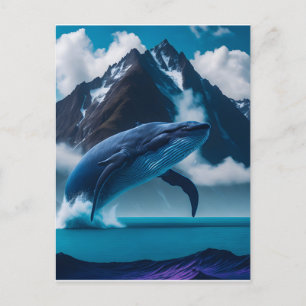 Blue whale jumping mountain background postcard
