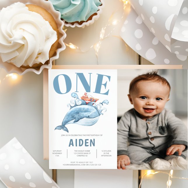 Blue Whale Kid's Birthday Party Photo Invitation (Creator Uploaded)