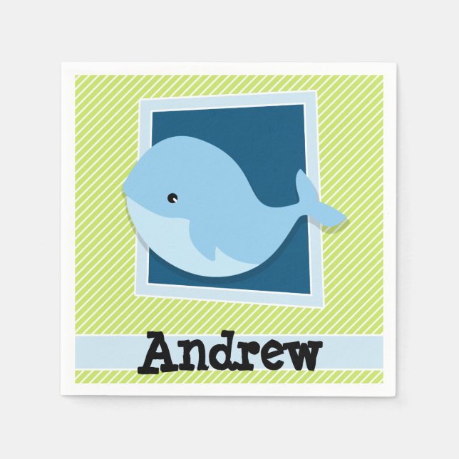 Blue Whale; Lime Green & White Stripes Napkin (Front)