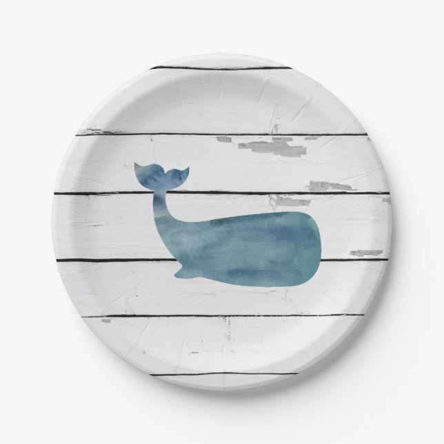 Blue Whale Nautical Beach Shiplap Paper Plate (Front)