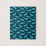 Blue Whale Nautical Ocean Beach Cute Pattern Jigsaw Puzzle<br><div class="desc">This cute jigsaw puzzle includes an original,  repeating whale pattern. It's made in pretty shades of teal on a navy blue background. Little nautilus shells,  anchors,  coral,  lobsters,  ship wheels,  and starfish dot the spaces between swimming blue whales. Choose your own puzzle size and piece count.</div>