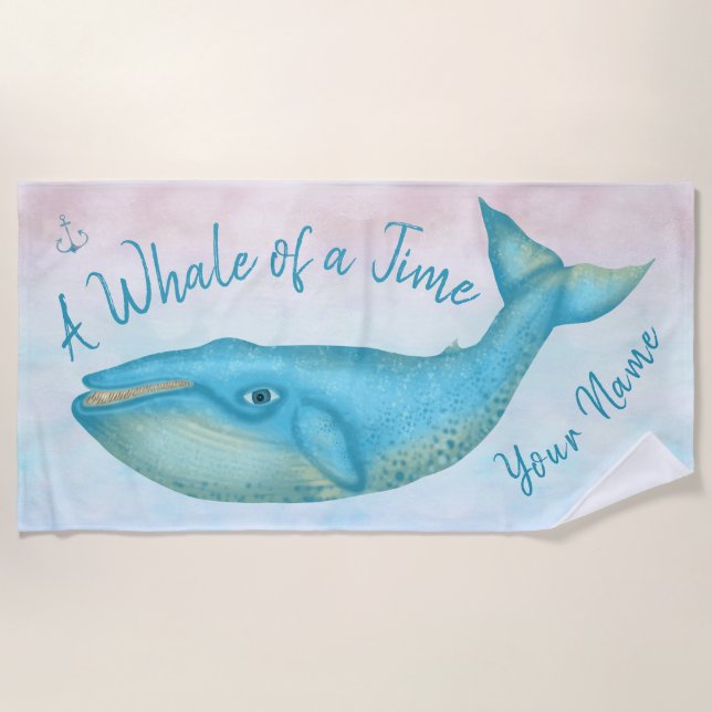 Blue Whale Nautical Ocean Beach Time Custom Name Beach Towel (Front)