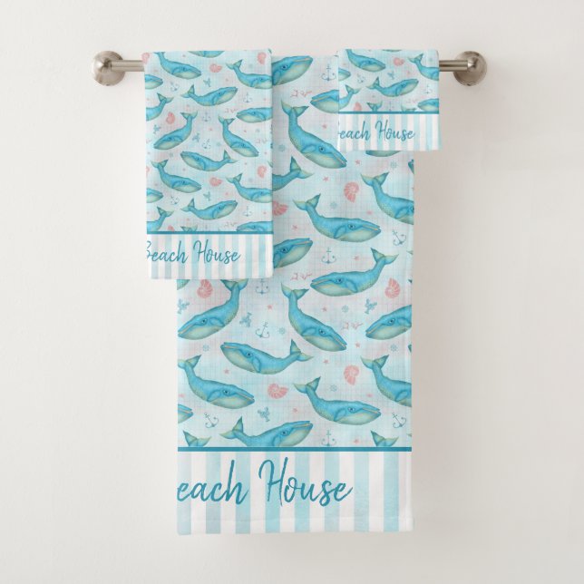 Blue Whale Nautical Ocean Shells | Custom Beach Bath Towel Set (Insitu)