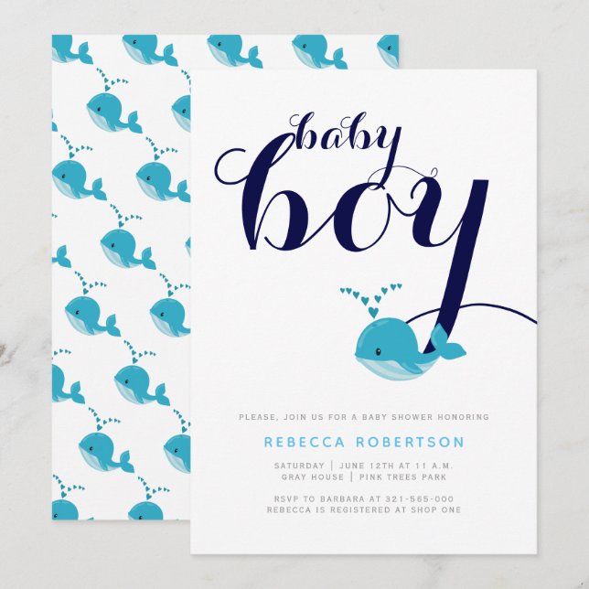 Blue whale navy typography baby boy shower invitation (Front/Back)
