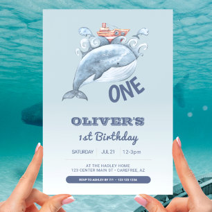 Blue Whale One Boy 1st Birthday Invitation