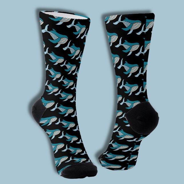 Blue Whale Pattern Socks (Blue whale socks on black)