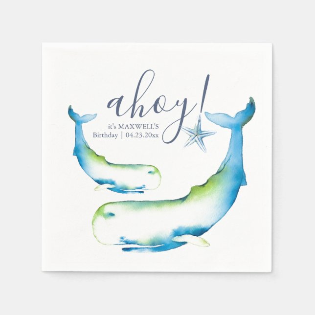 Blue Whale Personalised Birthday Napkin (Front)