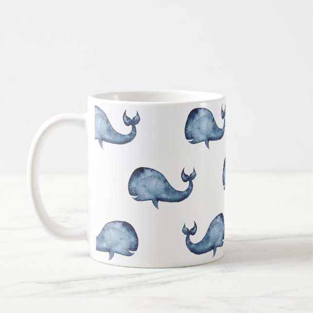 Blue whale. Sea animal. Nautical navy pattern Coffee Mug (Left)