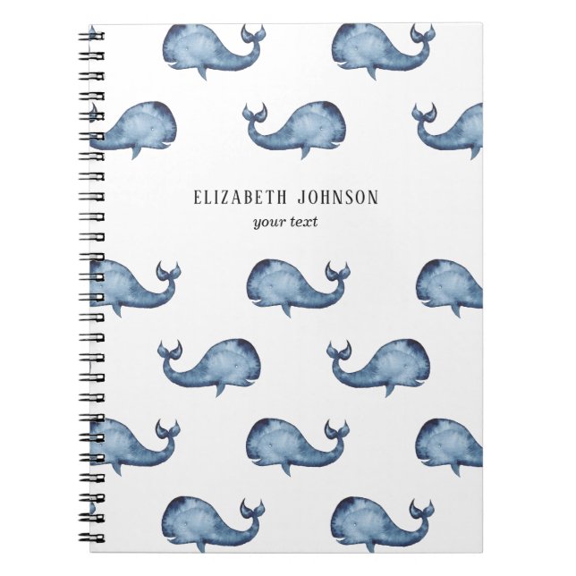 Blue whale. Sea animal. Nautical navy pattern Notebook (Front)