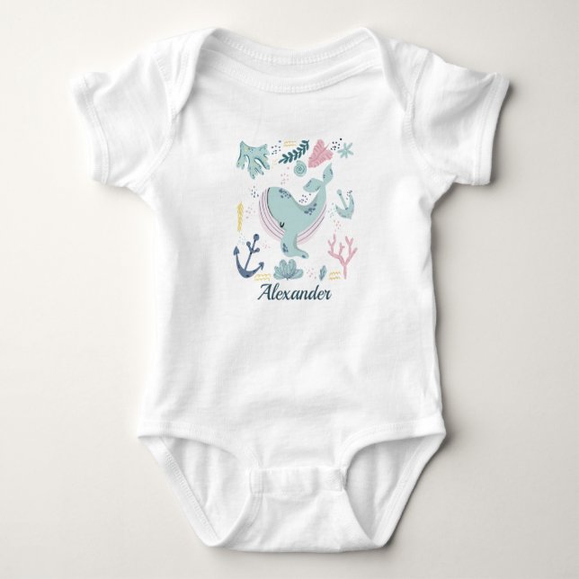 Blue Whale Sea Life Baby Ocean Marine Life Bodysuit (Front)