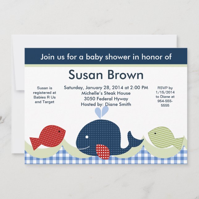 Blue Whale/Sea Life/Fish Baby Shower Invitation (Front)