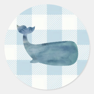 Blue Whale Shiplap Nautical Gingham Classic Round Sticker