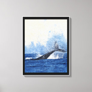 Blue Whale Splashing in Ocean Art Canvas Print