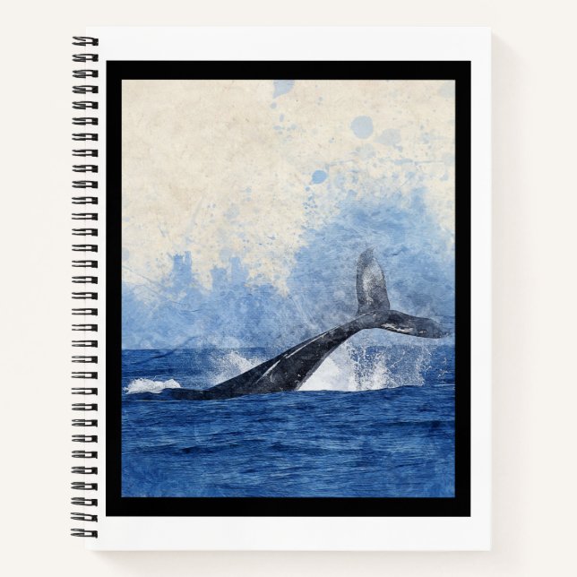 Blue Whale Splashing in Ocean Art Notebook (Front)