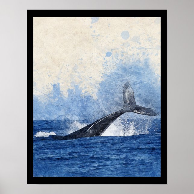Blue Whale Splashing in Ocean Art Poster (Front)