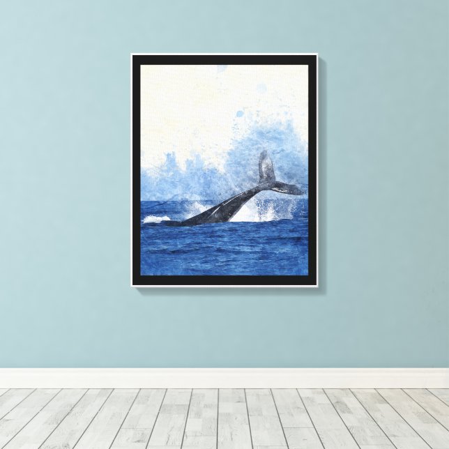 Blue Whale Tail Splashing in Ocean Art Canvas Print (Insitu(Wood Floor))