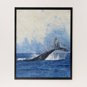Blue Whale Tail Splashing in Ocean Art Jigsaw Puzzle