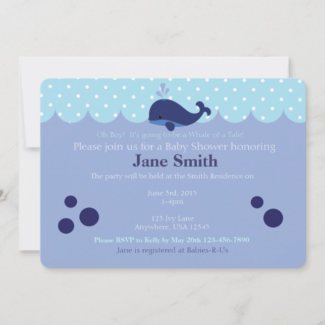 Blue Whale Themed Baby Boy Shower Invitatio Invitation (Front)
