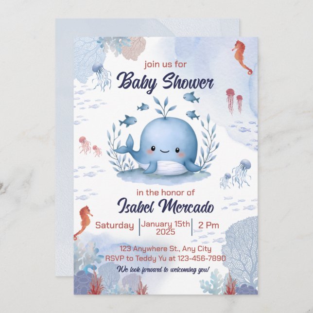 blue whale under sea baby shower invitation (Front/Back)