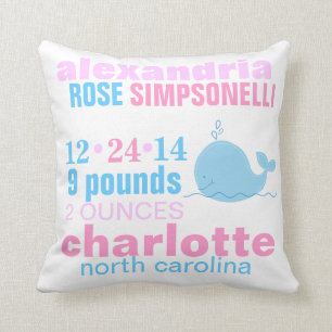Blue Whale with Pink Zig Zag Birth Announcement Cushion