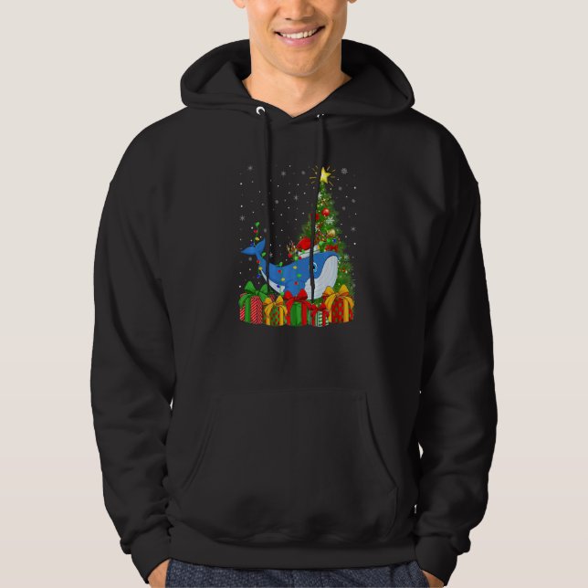 Blue Whale  Xmas Lights Santa Blue Whale Christmas Hoodie (Front)