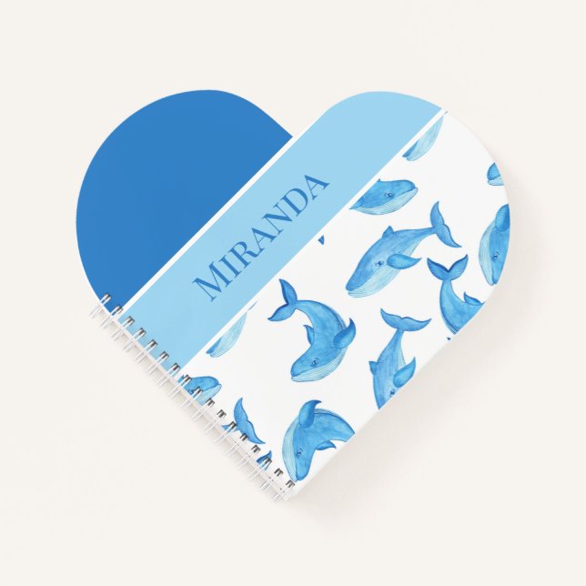 Blue Whale Your Name Ocean Sea Life Heart Shaped Notebook (Front)