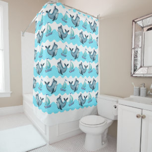 Blue Whales And Sailboats  Shower Curtain