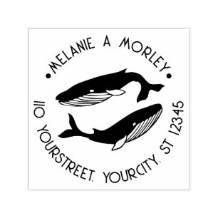 Blue Whales Beach Theme Round Name Return Address Self-inking Stamp
