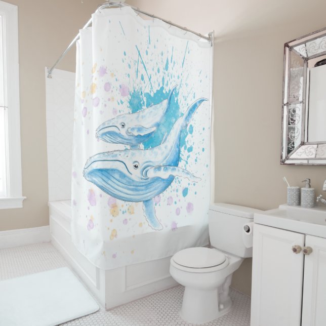 Blue Whales Colour Splash Shower Curtain (In Situ)