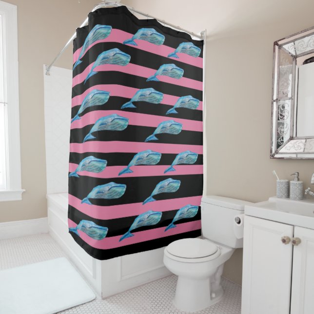 Blue Whales custom Background colour Shower Curtain (In Situ)
