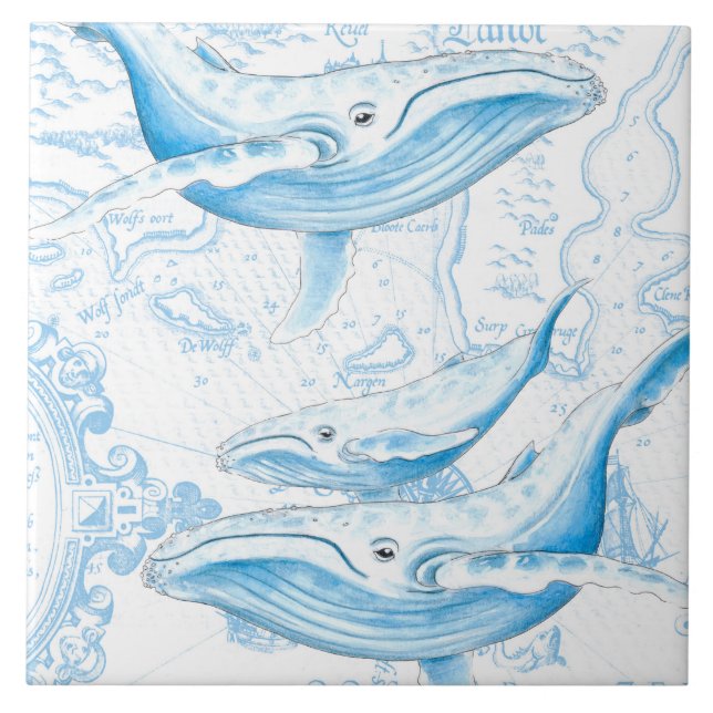 Blue Whales Family White Tile (Front)