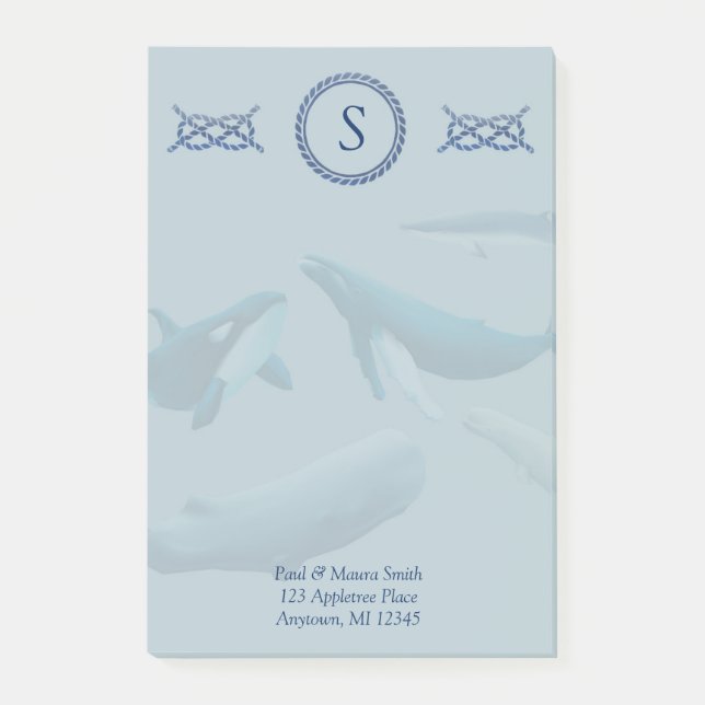 Blue Whales Monogram with Name Address Post-it Notes (Front)