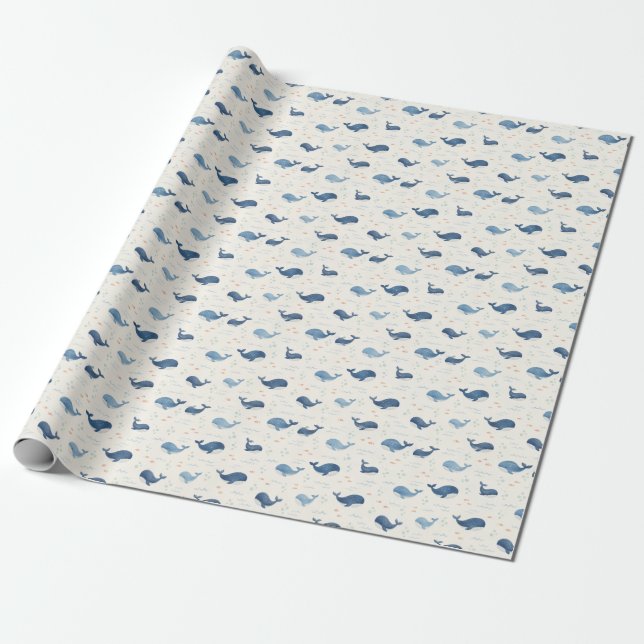 Blue Whales Pattern with Little Stars Wrapping Paper (Unrolled)