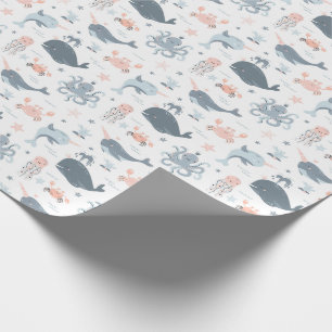 Blue Whales Pink Octopus Neutral Colours Sea Ocean Wrapping Paper