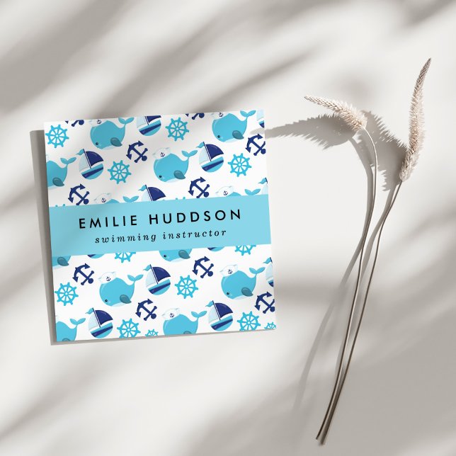 Blue Whales, Swim Instructor, Swimming Coach Square Business Card (Creator Uploaded)