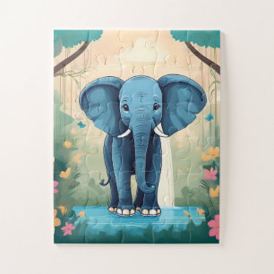 Blue Whimsical Baby Elephant, Jigsaw Puzzle
