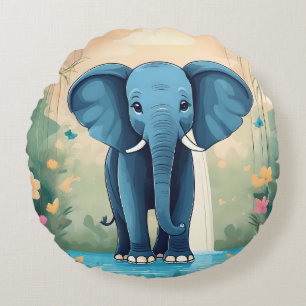 Blue Whimsical Baby Elephant, Round Cushion