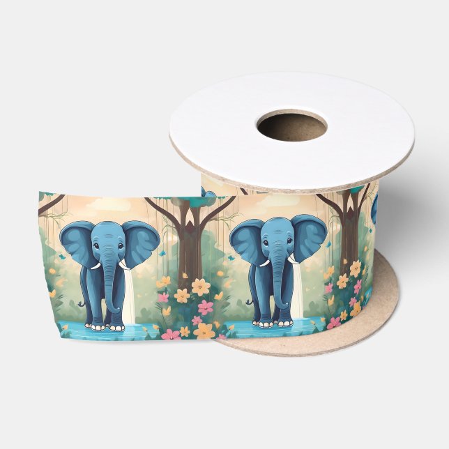 Blue Whimsical Baby Elephant, Satin Ribbon (Spool)