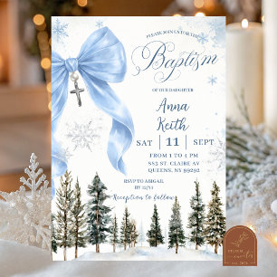 Blue Whimsical Bow Winter Baptism invitation