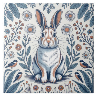 Blue Whimsical Bunny Rabbit Floral Design Tile
