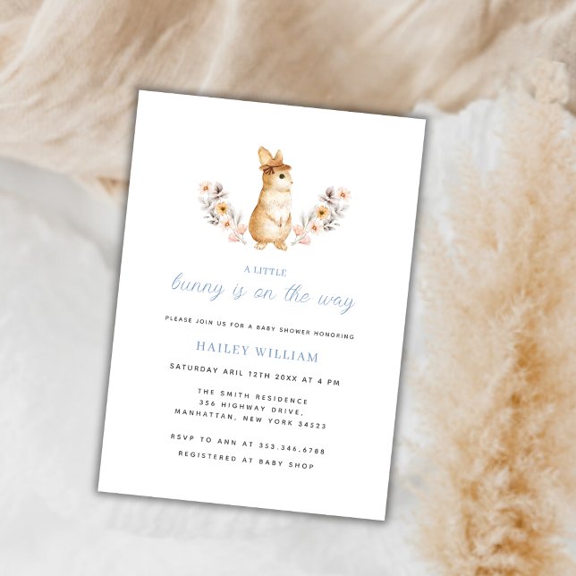 Blue Whimsical Bunny Wildflower  Baby Shower Invitation (Blue Whimsical Bunny Wildflower Baby Shower Invitation)
