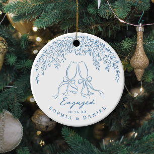 Blue Whimsical Cheers Our First Christmas Engaged Ceramic Tree Decoration