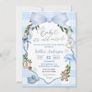 Blue Whimsical Christmas Bow Baby Shower Invitation