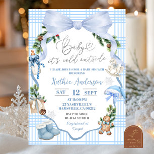 Blue Whimsical Christmas Bow Baby Shower Invitation